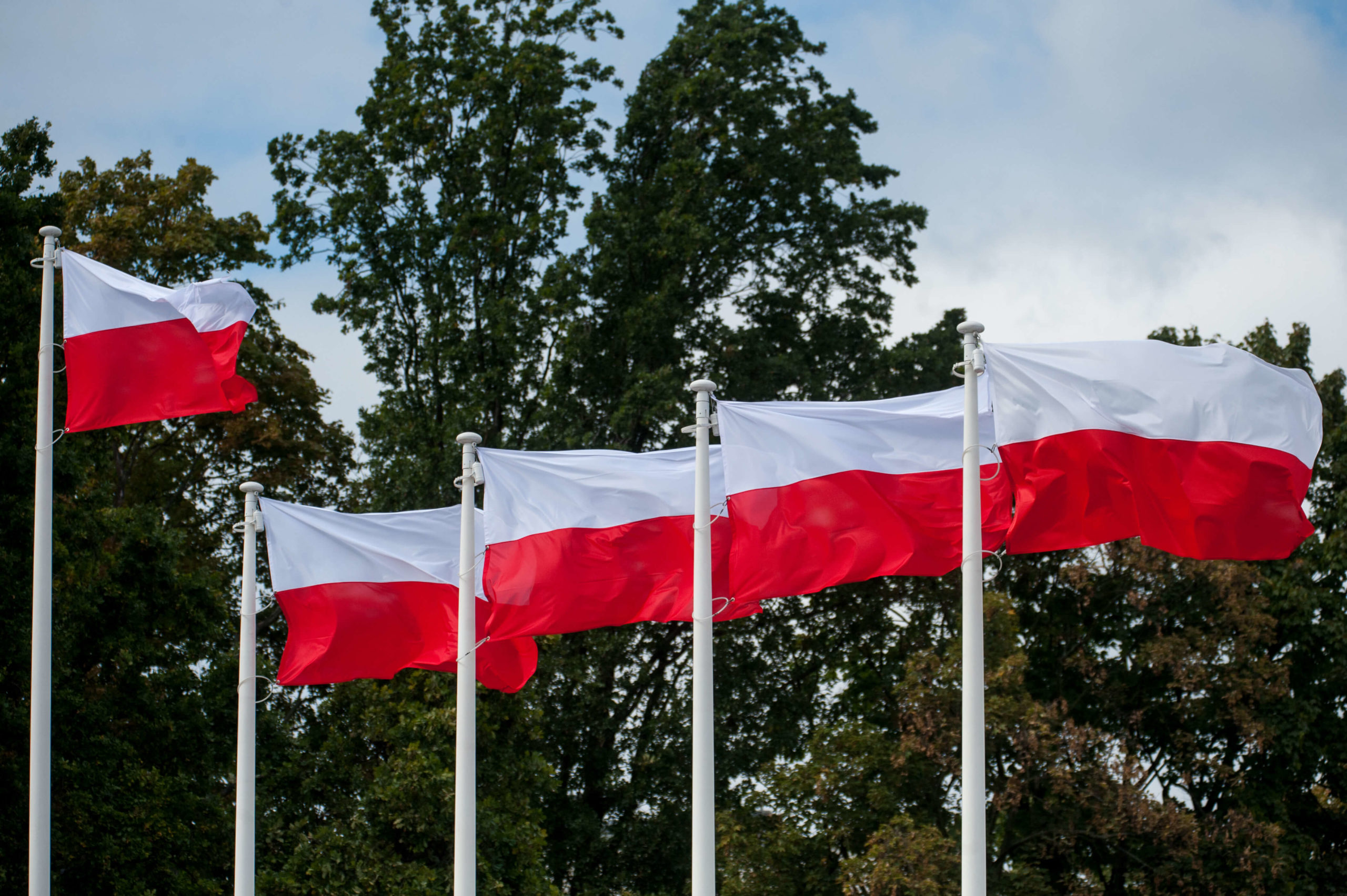 5 masztow flagowych z flagami polski